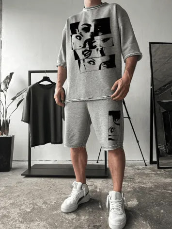 photo_2024-04-16_14-41-27 Мужской Летний Костюм Серый Меланж с Рваными Краями - Футболка + Шорты