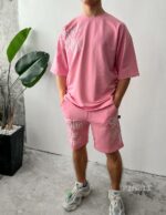 Мужской Летний Розовый Комплект Футболка Шорты - Свободный Хлопковый с Надписью