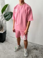 Мужской Хлопковый Розовый Комплект Футболка Шорты - Свободный на Лето с Принтом