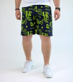 Мужские Темно-Синие Пляжные Шорты Плащевка в Принт Салатовых Надписях (Большие Размеры)