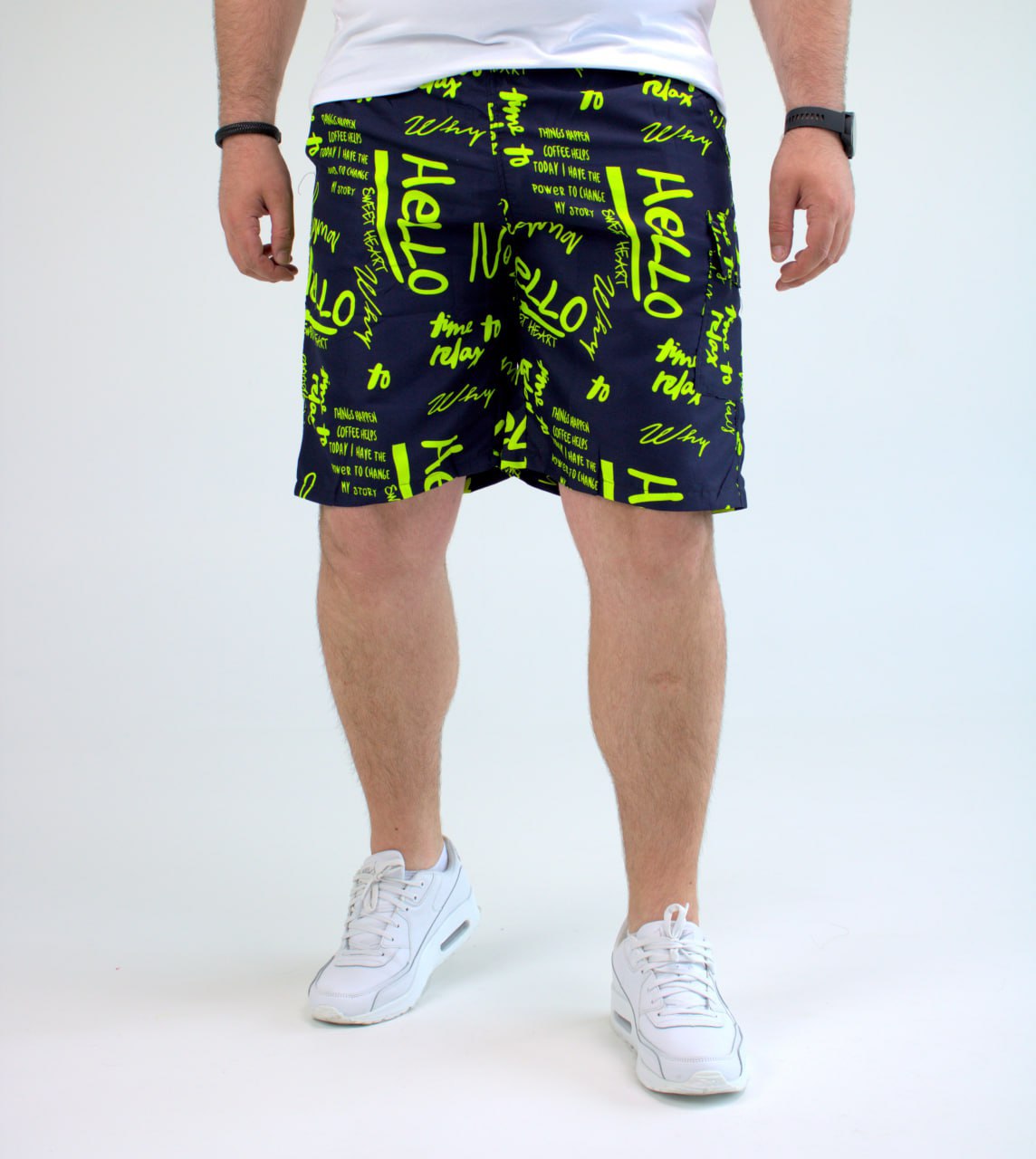 photo_2024-04-26_09-35-56 Мужские Темно-Синие Пляжные Шорты Плащевка в Принт Салатовых Надписях (Большие Размеры)