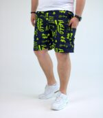 Мужские Темно-Синие Пляжные Шорты Плащевка в Принт Салатовых Надписях (Большие Размеры)