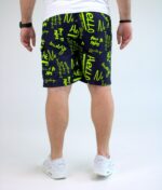 Мужские Темно-Синие Пляжные Шорты Плащевка в Принт Салатовых Надписях (Большие Размеры)