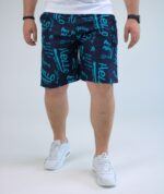 Мужские Темно-Синие Пляжные Шорты Плащевка в Принт Бирюзовых Надписях (Большие Размеры)
