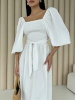 Женское Льняное Белое Платье-Трансформер Аскания Макси - Длинное с Пышными Рукавами
