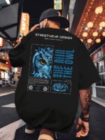 Мужская Черная Футболка Свободного Кроя Кулир с Ярким Принтом на Спине