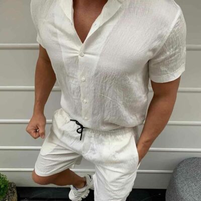 Мужской Легкий Летний Белый Костюм Комплект Двойка (Рубашка + Шорты)