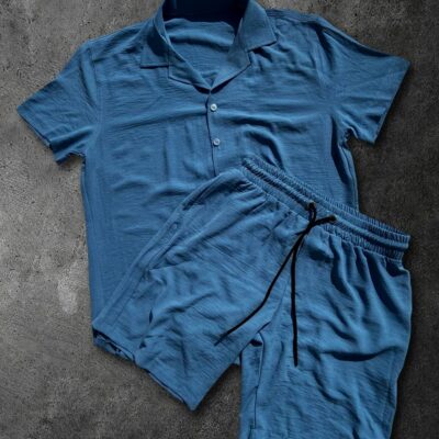 Мужской Легкий Летний Синий Костюм Комплект Двойка (Рубашка + Шорты)