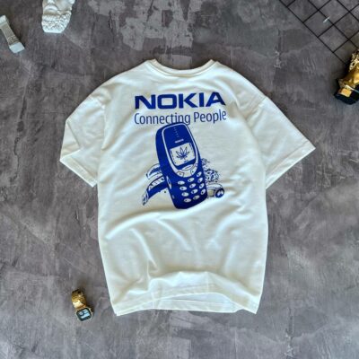 Мужская Белая Футболка Оверсайз - Объемная с Принтом Nokia
