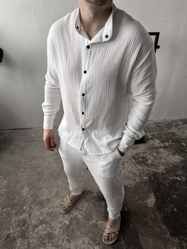 Мужской Легкий Муслиновый Белый Костюм - Рубашка на Кнопках + Штаны на Резинка