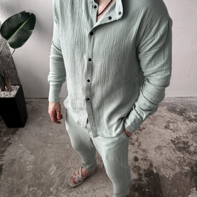 Мужской Легкий Муслиновый Мятный Костюм - Рубашка на Кнопках + Штаны на Резинке