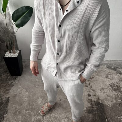 Мужской Легкий Муслиновый Серый Костюм - Рубашка на Кнопках + Штаны на Резинка