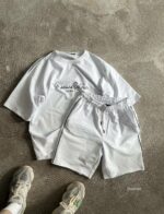 Мужской Летний Хлопковый Белый Костюм Свободный Оверсайз с Кантом (Футболка + Шорты)