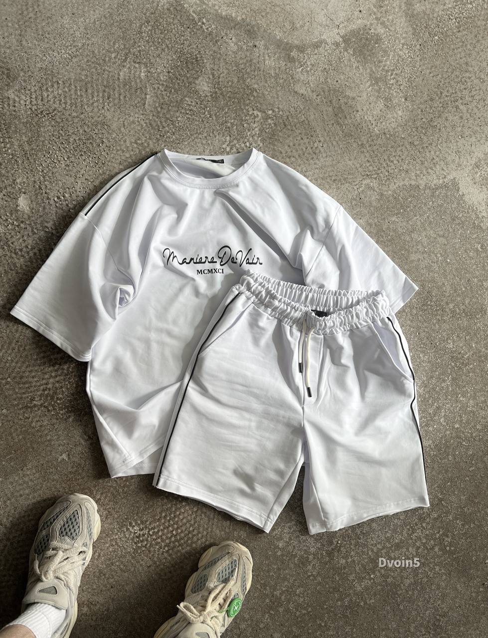 photo_2024-05-02_09-51-29 Мужской Летний Хлопковый Белый Костюм Свободный Оверсайз с Кантом (Футболка + Шорты)