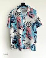 Мужская Белая Рубашка с Коротким Рукавом - Легкая Летняя в Морской Принт Корабли
