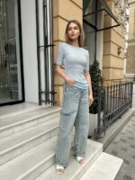 Женская Приталенная Ажурная Голубая Футболка