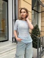 Женская Приталенная Ажурная Голубая Футболка