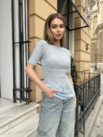 Женская Приталенная Ажурная Голубая Футболка