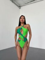 Женский Сплошной Двухцветный Зеленый Купальник с Переплетами