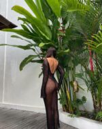 Женская Длинная Черная Пляжная Туника из Сеточки с Открытой Спиной