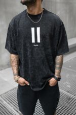 Мужская Черная Футболка Варенка Свободного Кроя с Принтом Пауза