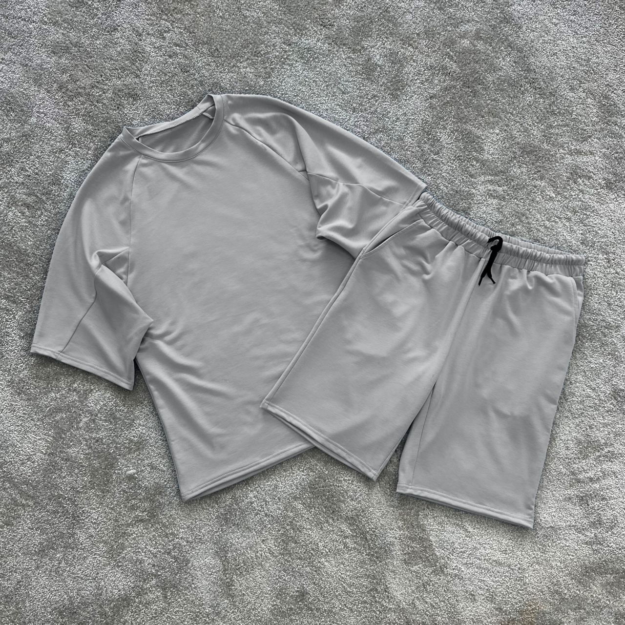 photo_2024-05-28_09-28-08 Мужской Базовый Серый Летний Костюм - Футболка Реглан + Шорты на Резинке со Шнурком