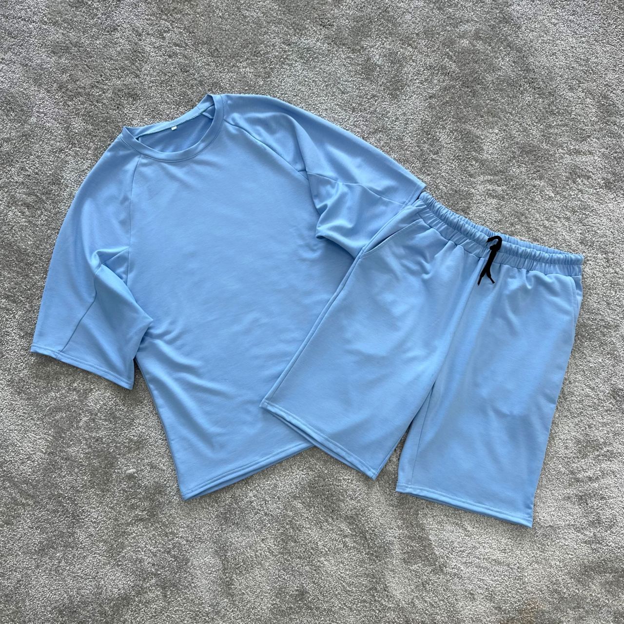 photo_2024-05-28_09-28-18 Мужской Базовый Голубой Летний Костюм - Футболка Реглан + Шорты на Резинке со Шнурком