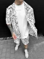 Мужской Летний Белый Комплект в Принт Каракули - Рубашка с Короткими Рукавами + Шорты