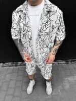 Мужской Летний Белый Комплект в Принт Каракули - Рубашка с Короткими Рукавами + Шорты