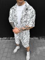 Мужской Летний Белый Комплект в Принт Каракули - Рубашка с Короткими Рукавами + Шорты