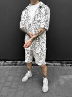 Мужской Летний Белый Комплект в Принт Каракули - Рубашка с Короткими Рукавами + Шорты
