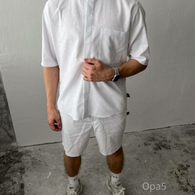 Мужской Свободный Льняной Белый Летний Костюм - Рубашка с Короткими Рукавами + Шорты