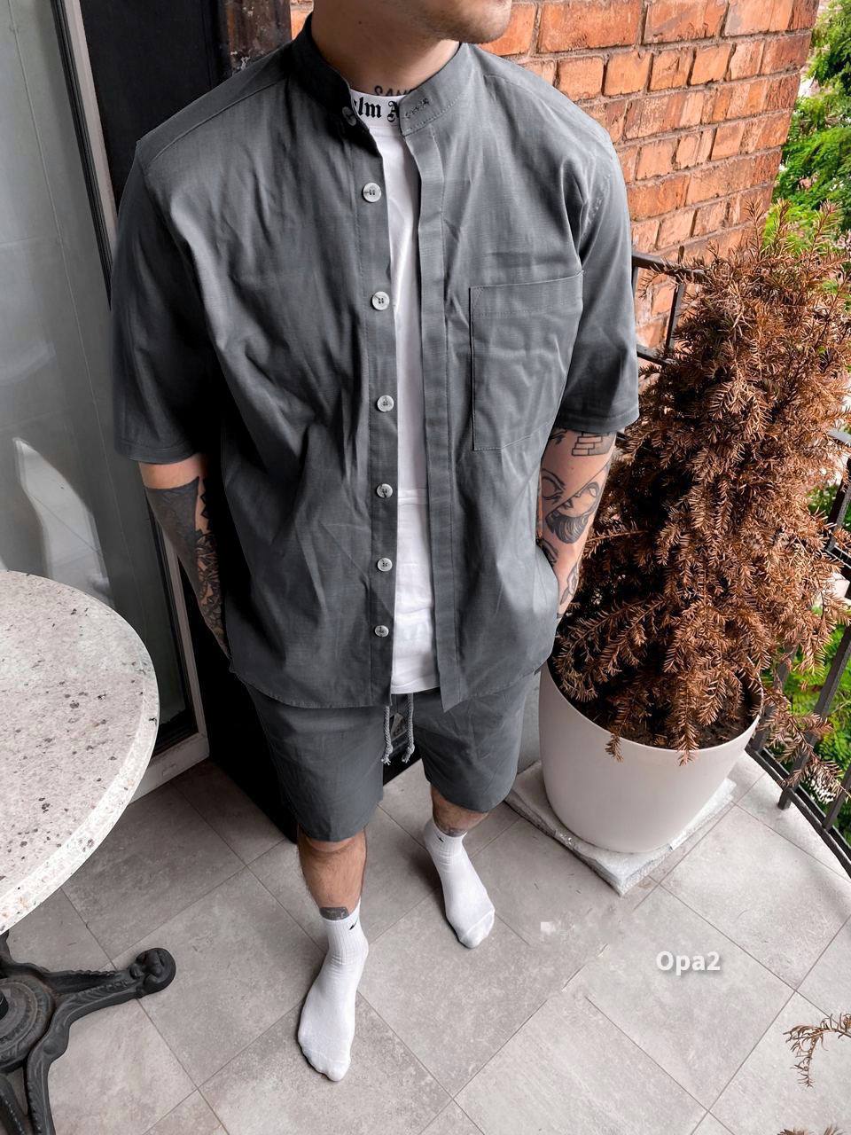 photo_2024-05-31_10-17-31 Мужской Свободный Льняной Графитовый Летний Костюм - Рубашка с Короткими Рукавами + Шорты