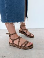 Женские Замшевые Леопардовые Босоножки на Платформе Переплет