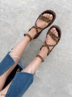 Женские Замшевые Леопардовые Босоножки на Платформе Переплет