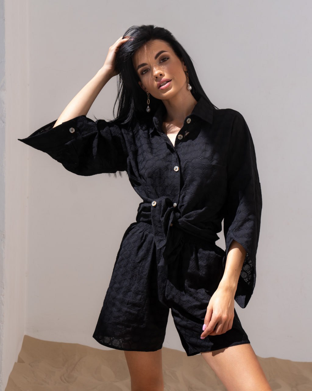 photo_2024-06-02_14-28-50 Женский Летний Черный Костюм Тандем из Прошвы (Рубашка + Шорты)