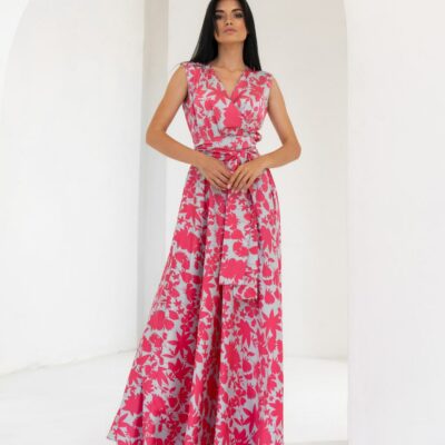 Женское Розовое Шелковое Платье Фурор в Принт - Длинное Макси на Запах