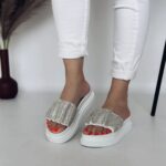Женские Летние Белые Шлепанцы на Платформе со Стразами