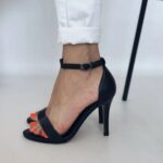 Женские Кожаные Черные Босоножки на Шпильке с Ремешком