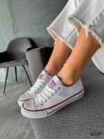 Женские Легкие Низкие Белые Кеды с Красной Полоской Кантом