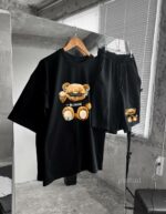 Мужской Хлопковый Черный Летний Костюм с Принтом Тедди (Футболка + Шорты)