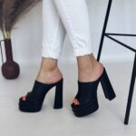 Женские Летние Черные Шлепанцы Сабо на Высоком Каблуке