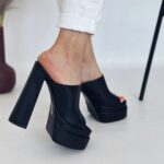 Женские Летние Черные Шлепанцы Сабо на Высоком Каблуке