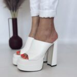 Женские Летние Белые Шлепанцы Сабо на Высоком Каблуке