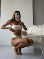 Женский Раздельный Фактурный Кремовый Купальник Бандо в Узор