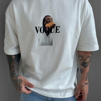 Мужская Хлопковая Белая Футболка Свободного Кроя с Принтом "Vogue"