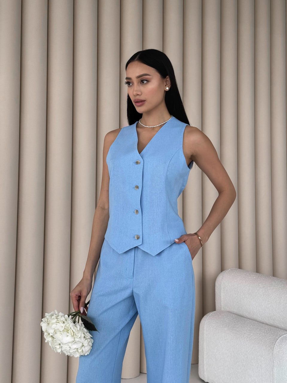 photo_2024-07-04_10-32-48 Женский Льняной Голубой Жилет Манго на Пуговицах
