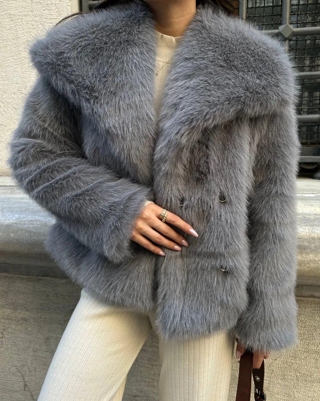 95d7e94a5c9c66b6ec48 Женская Серая Шуба на Кнопках с Объемным Воротником