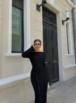 Женское Длинное Черное Платье Макси с Поясом и Удлиненными Рукавами