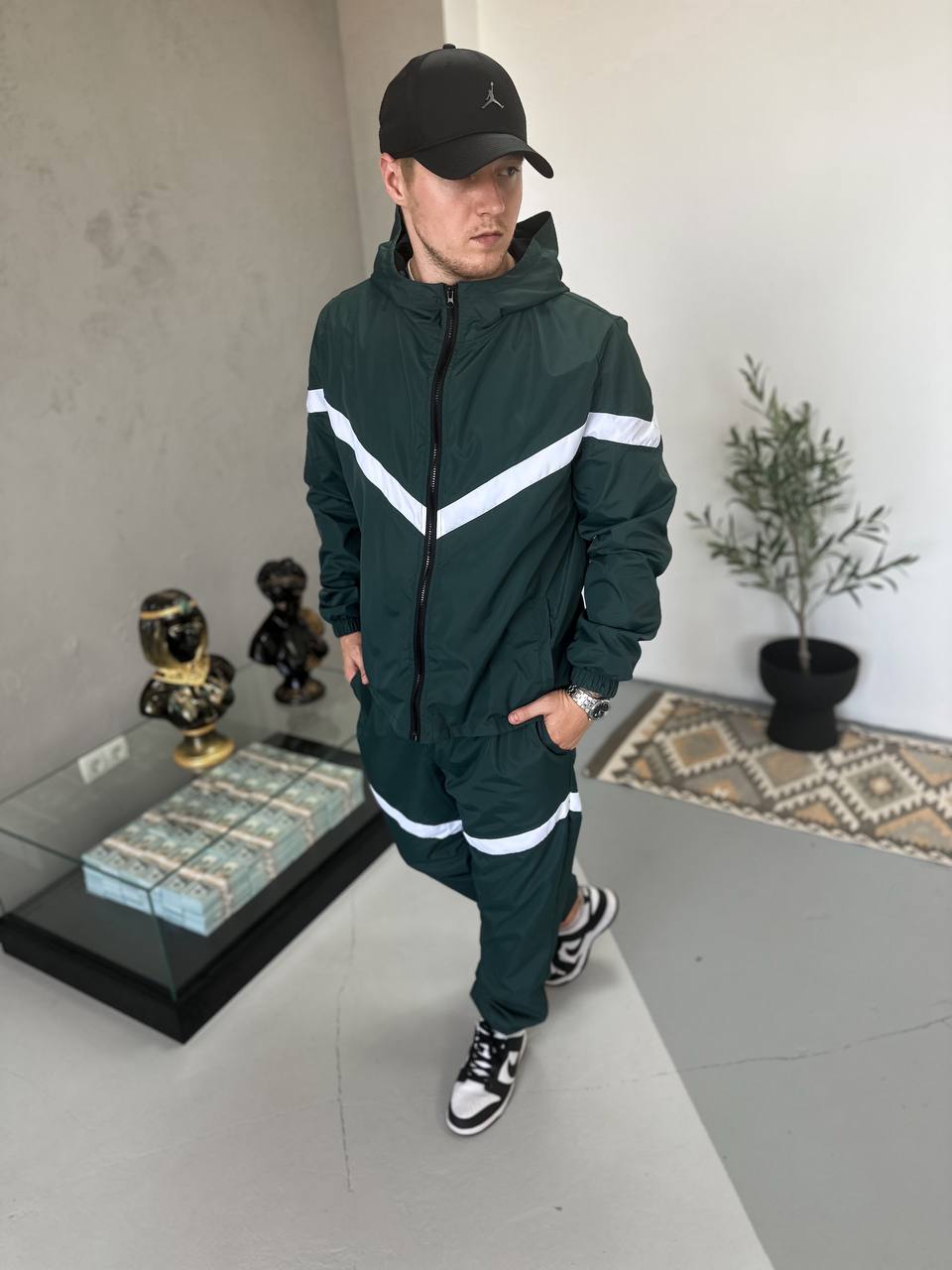 photo_2024-09-24_09-52-54 Мужской Зеленый Спортивный Костюм Плащевка с Белыми Полосками - Олимпийка с Капюшоном + Штаны Джоггеры